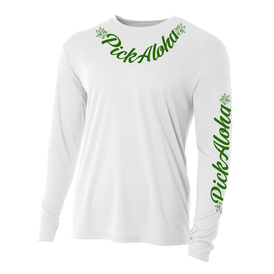 White long sleeve with green design SPF 50