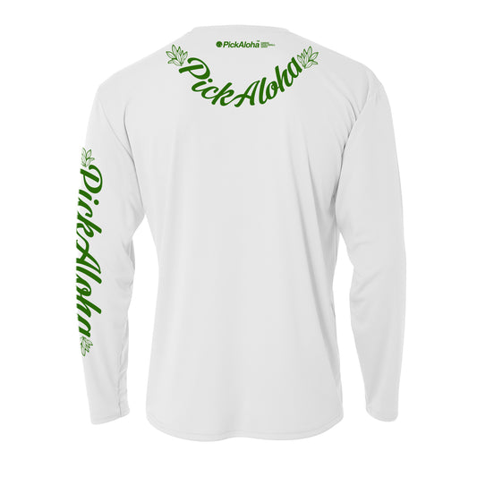 White long sleeve with green design SPF 50